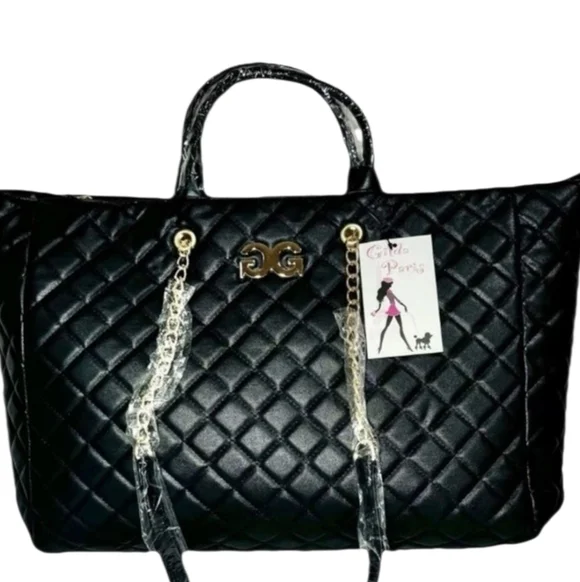 NWT Gilda Paris Black Quilted XLarge Tote Bag with Chain Strap